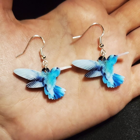Jewelry - NWOT Sterling Acrylic Blue Hummingbird Earrings